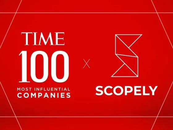 Red graphic featuring the TIME100 Most Influential Companies logo on the left and the Scopely logo with text on the right.