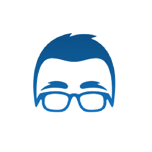 Blue icon of a person's head featuring short hair, thick eyebrows, and large eyeglasses on a white background.