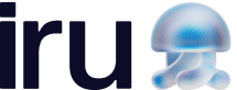 The image shows the lowercase letters "iru" in bold black font, followed by a blue gradient jellyfish graphic on a light background.