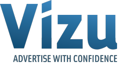 Vizu logo with text beneath reading "Advertise with Confidence".